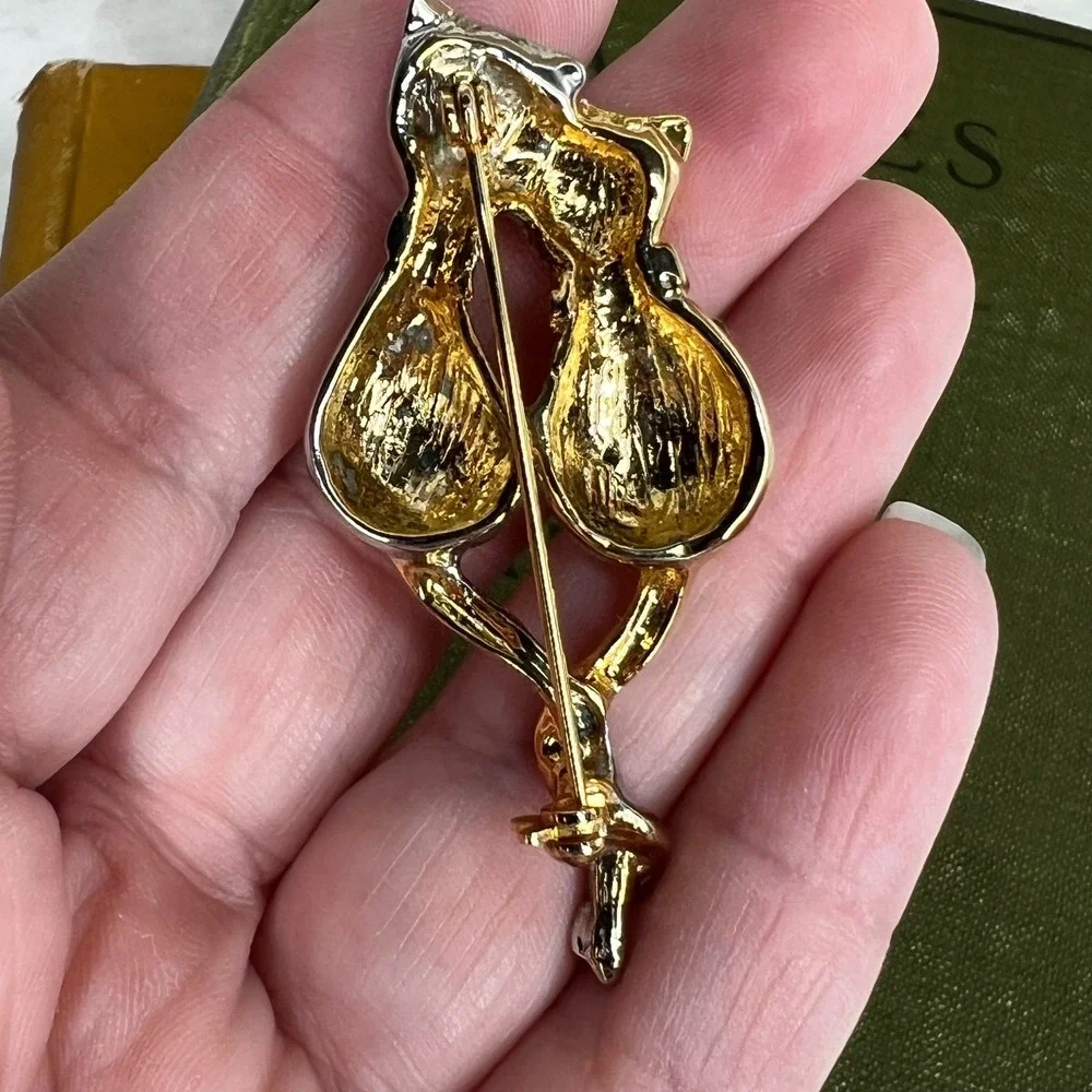 VintageTwo Tones Cat Brooch Gold & Silver Cats W Rhinestone Collars Figural Pin